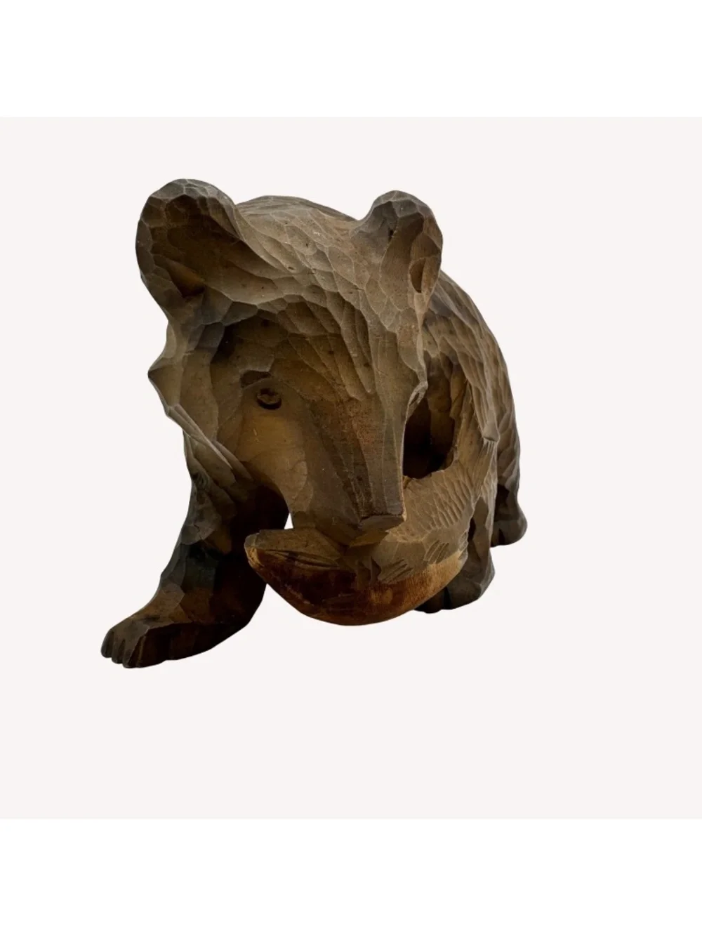 Vintage Japanese Ainu Bear Salmon Figure Hand Carved Wood Hokkaido Folk Art Kuma